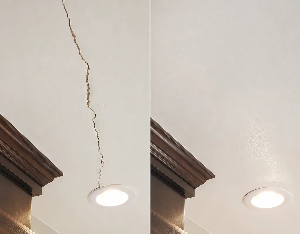 Before and after ceiling crack repair near a light fixture with matched texture