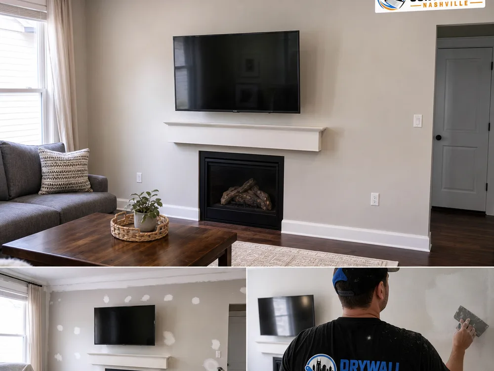 Finished living room wall with multi-spot repairs blended under natural window light