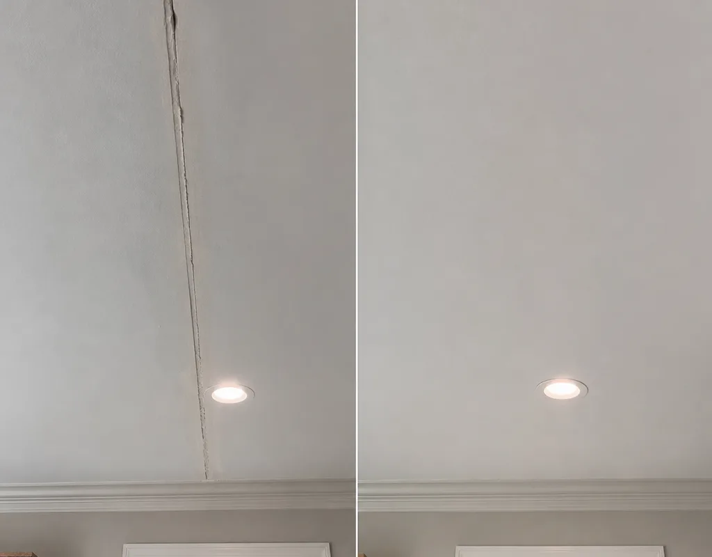 Before and after ceiling crack and seam repair under recessed lighting with consistent texture