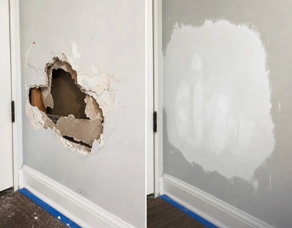 Before and after medium wall hole repair with a smooth feathered patch ready for primer